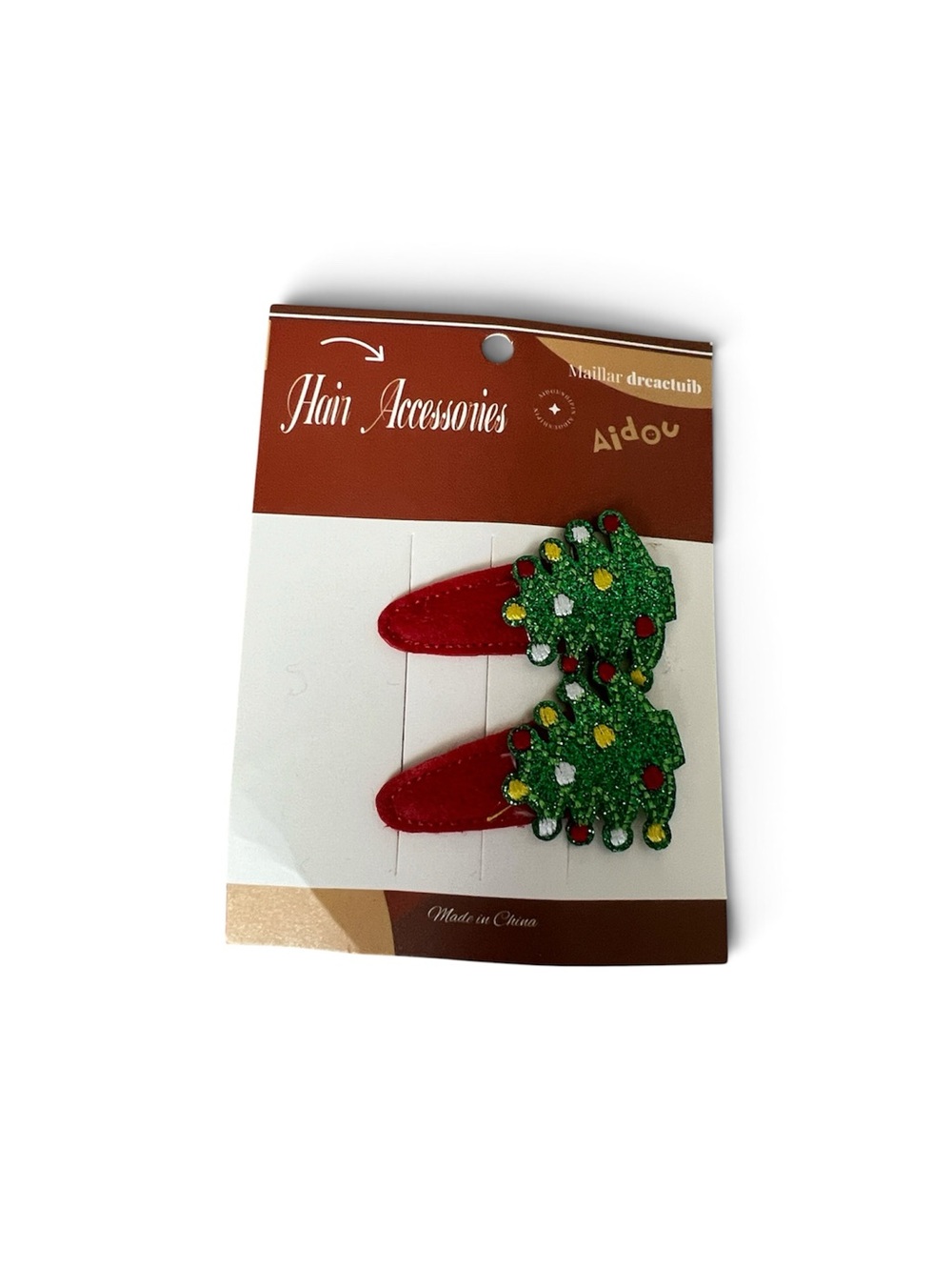 Kids Green Glitter Christmas Tree Hair Clips - Red Base
